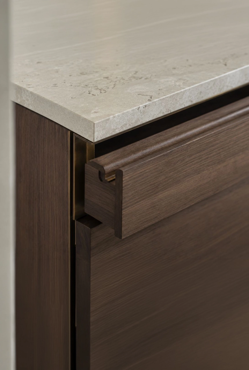 X4 Design and Build luxury joinery detail with stone countertop edge, walnut drawer profile, shadow line, concealed handle groove, and precise fit-out finishing